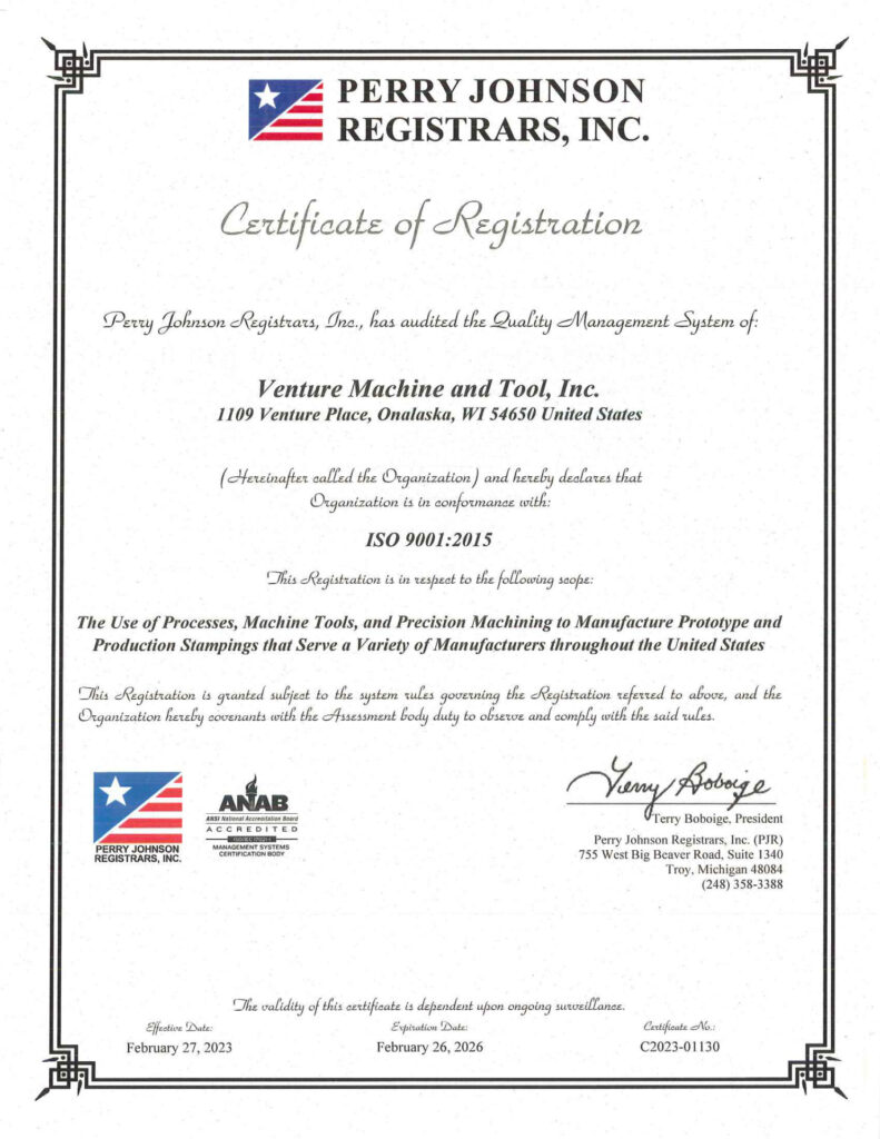 ISO 9001:2015 Certificate of Registration for Venture Machine and Tool, Inc.